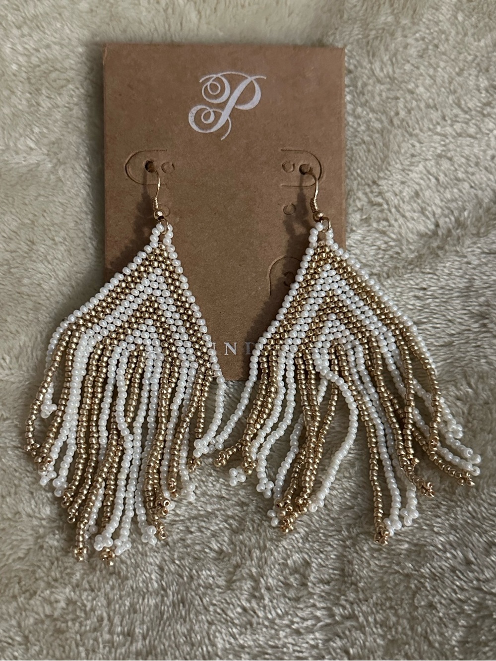 Plunder Gold & White Beaded Fringe Earrings